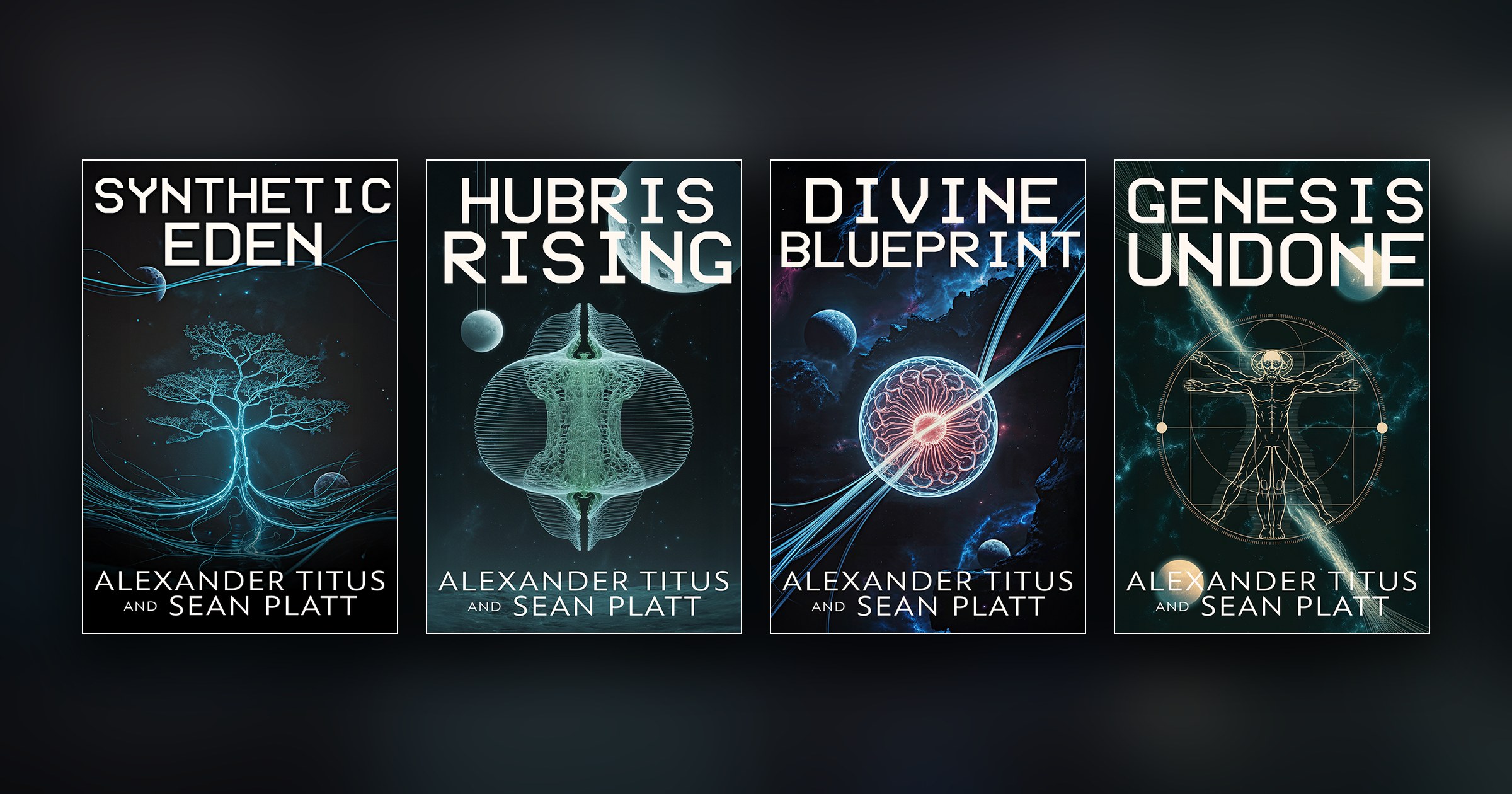 The four covers of the Echoes of Tomorrow series, by Alexander Titus and Sean Platt