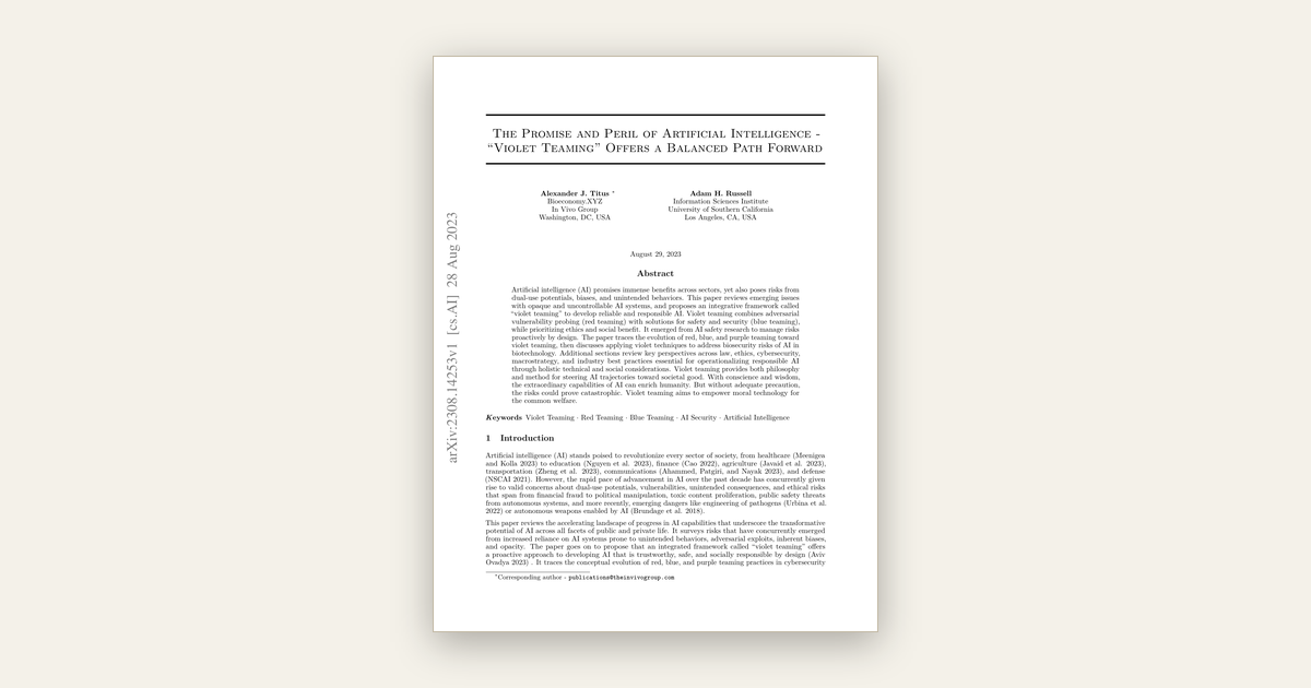 The first page of the paper The Promise and Peril of Artificial Intelligence — Violet Teaming Offers a Balanced Path Forward, by Alexander Titus and Adam Russell